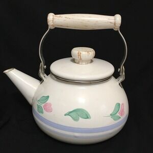 Vtg. Metal Tea Pot w/Wooden Handle & Knob on Lid White w/Pink Flowers Capri 1989